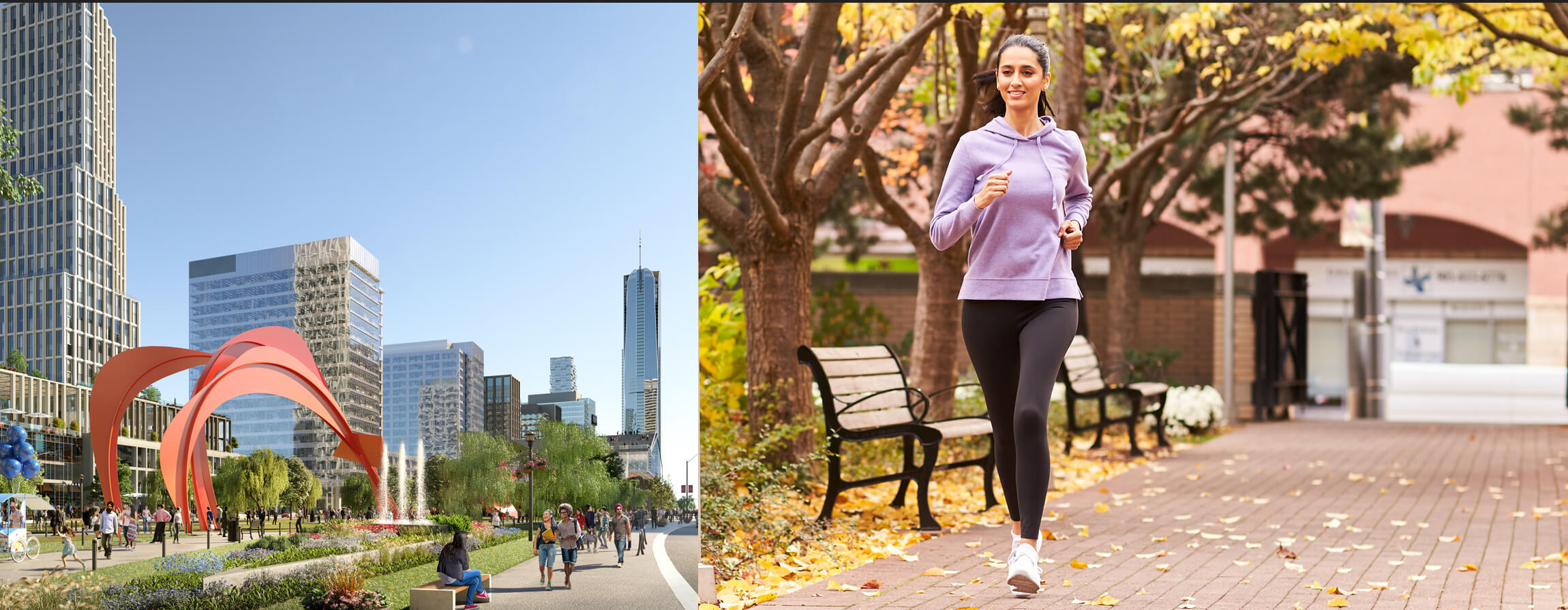 Woman joggins and people walking in Square One District